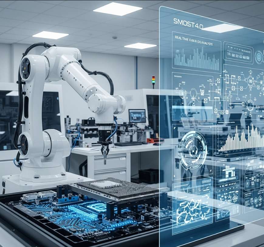Elektronikfertigung bei Grim Innovation in Chur: Roboterarm über einer bestückten Leiterplatte